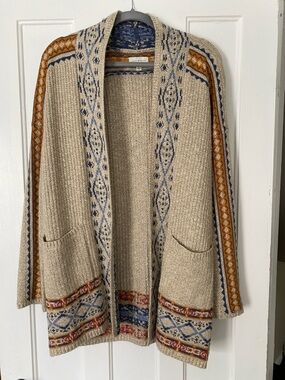 Lucky Brand Beige Shawl Collar Open Cardigan with Blue and Rust Accents